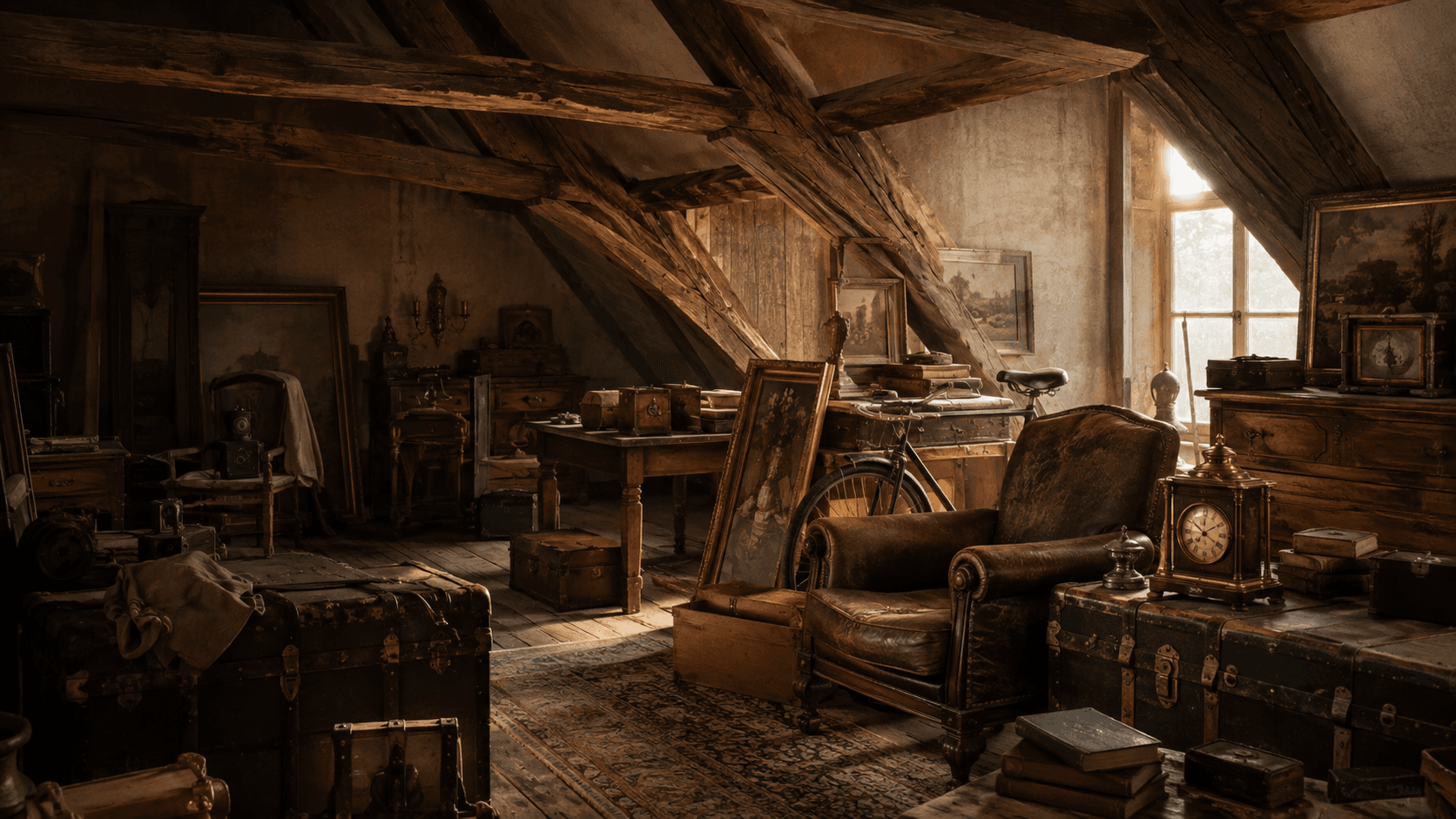 Grenier ancien avec fauteuil patiné et objets à transmettre